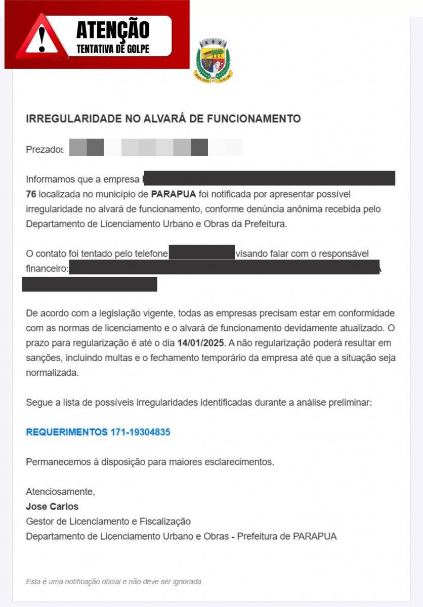 Atenção: Tentativa de Golpe em Nome da Prefeitura