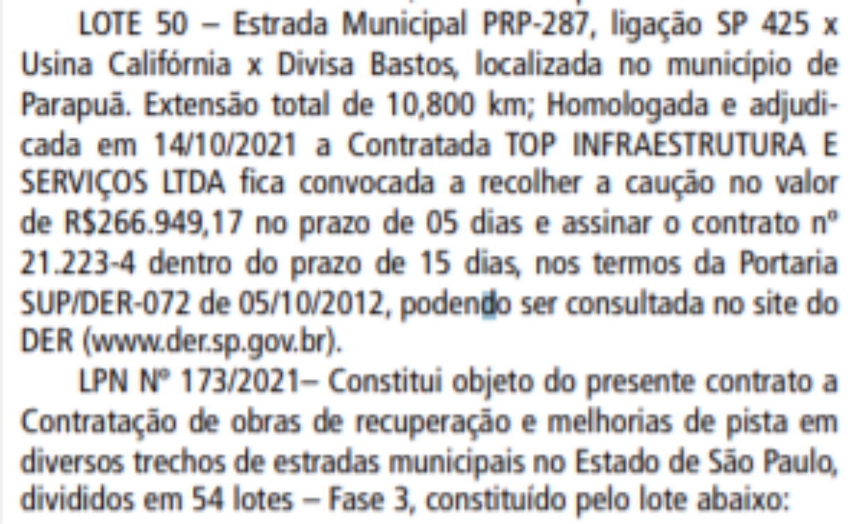 Governo do Estado de São Paulo publica no Diário Oficial do Estado, a recuperação da Estrada PRP-287 (Usina Califórnia com 10,8KM)